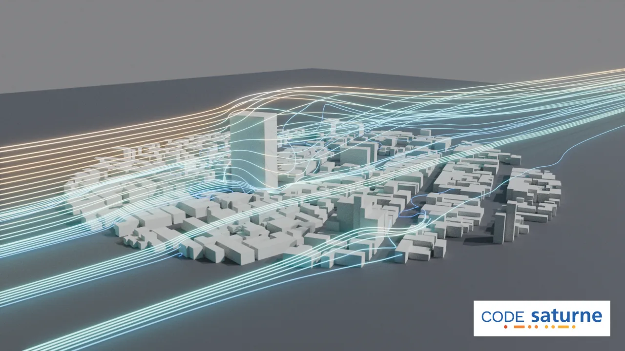 Airflow streamlines over an urban area simulated with code_saturne