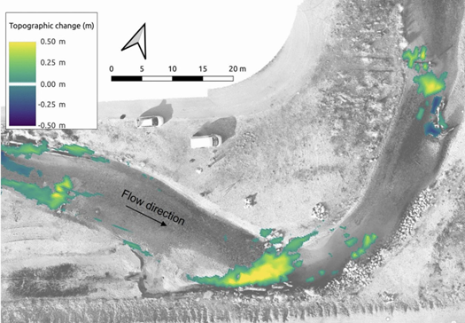 A bird-eye view of a river with some heatmap.
