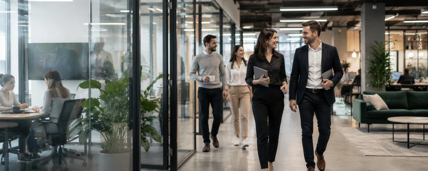 Colleagues walking through an open office space.