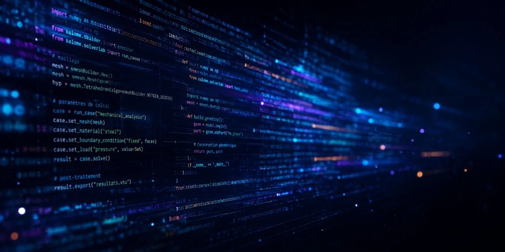 Lines of code scrolling on a dark screen.