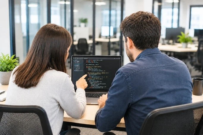 A person helping another person solve a problem on the computer.